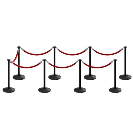 MONTOUR LINE Stanchion Post and Rope Kit Black, 8 Flat Top 7 Red Rope C-Kit-8-BK-FL-7-PVR-RD-PS